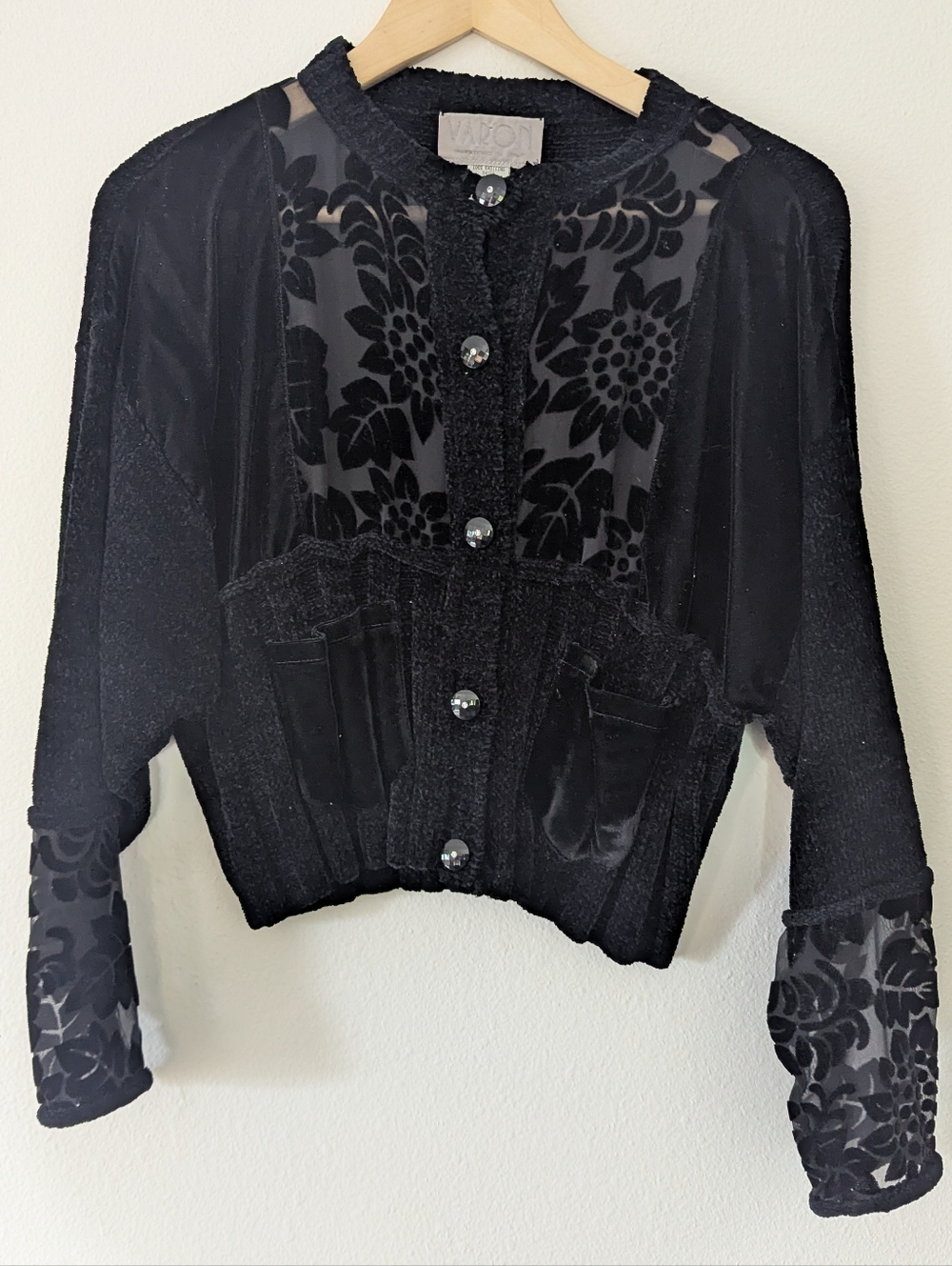 Black Velvet-Accent Sheer Panel Button-Front Top